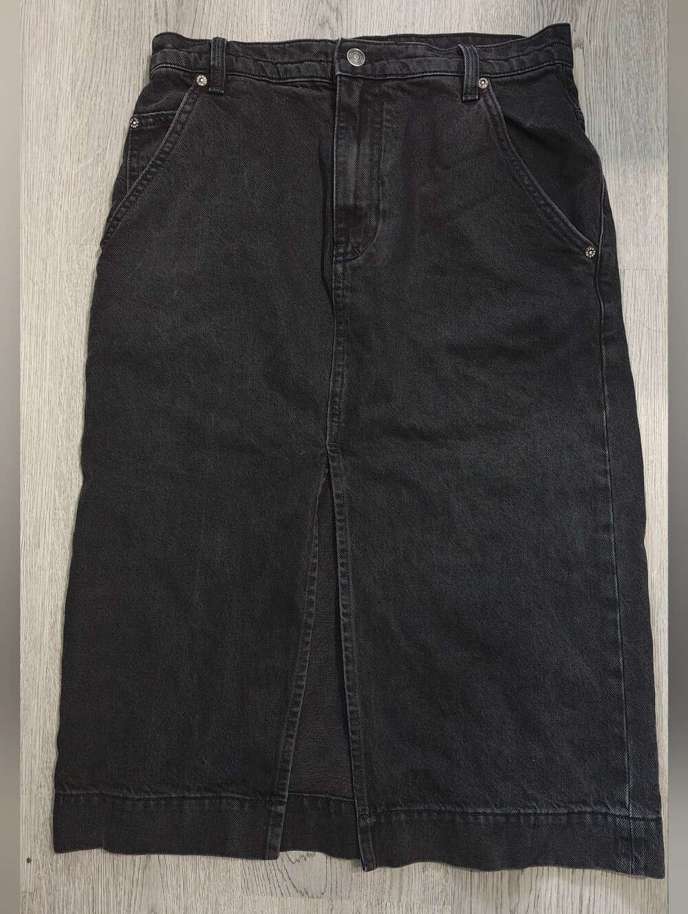 We The Free Free People Black Denim Midi Skirt Front Slit Size 27